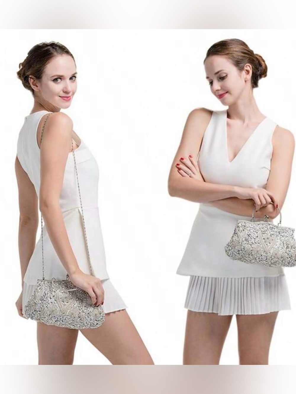 Silver beaded clutch prom wedding bag - Picture 6 of 7